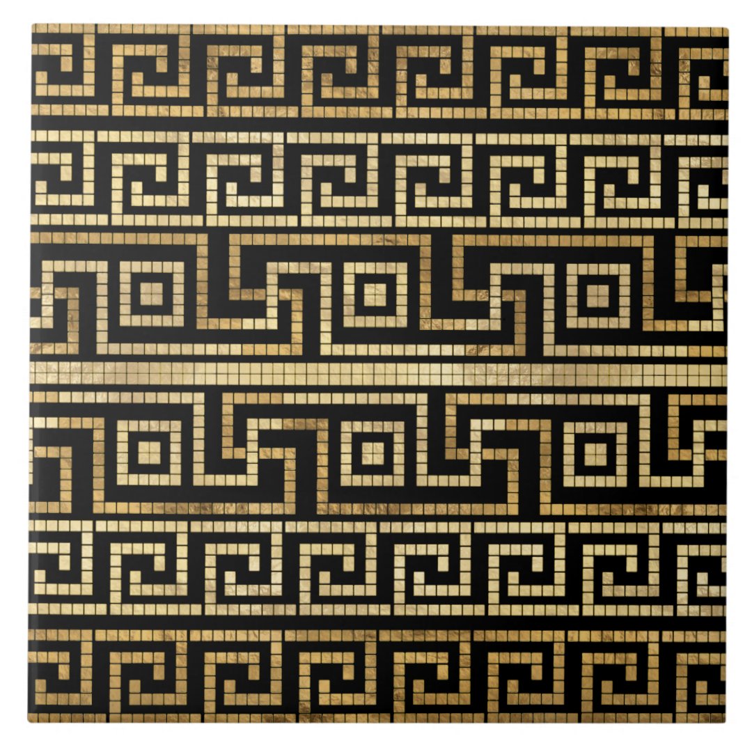 Mosaic Greek Meander Greek Key Black and Gold Ceramic Tile | Zazzle