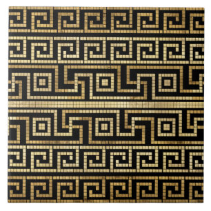 Mosaic Greek Meander Greek Key Black and Gold Ceramic Tile