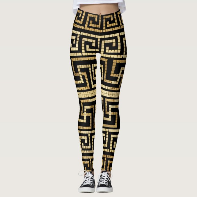 Mosaic Greek Meander Greek Key Black and Gold Leggings (Front)
