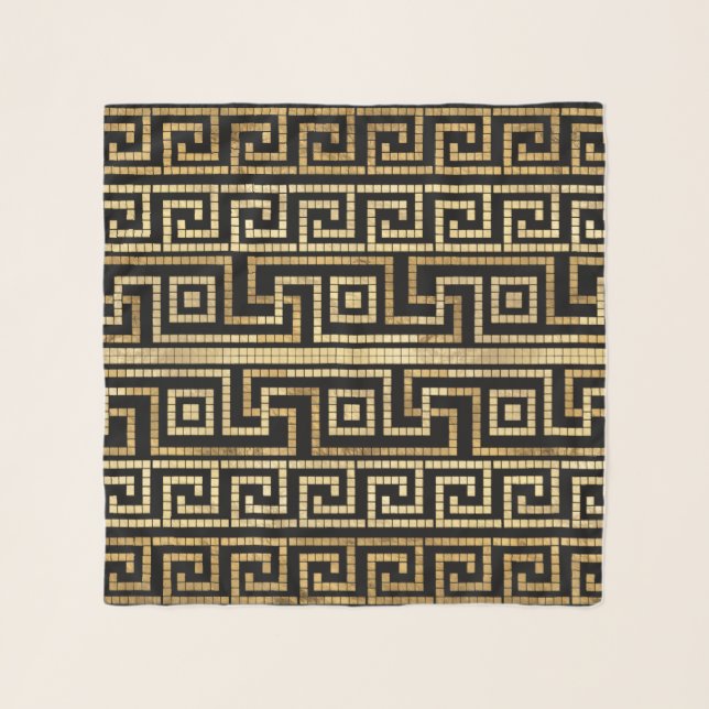 Mosaic Greek Meander Greek Key Black and Gold Scarf (Front)