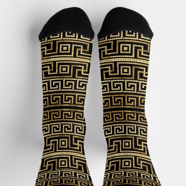 Mosaic Greek Meander Greek Key Black and Gold  Socks (Top)