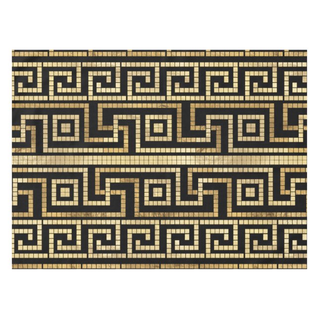 Mosaic Greek Meander Greek Key Black and Gold Tablecloth (Front (Horizontal))