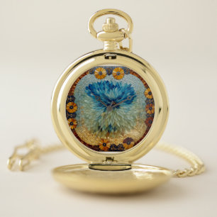 Mosaic Green Blue Floral Clock  Pocket Watch