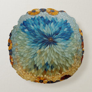 Mosaic Green Blue Floral Round Pillow