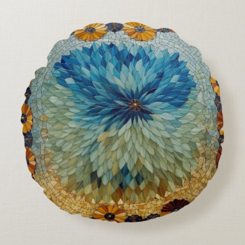 Mosaic Green Blue Floral Round Pillow