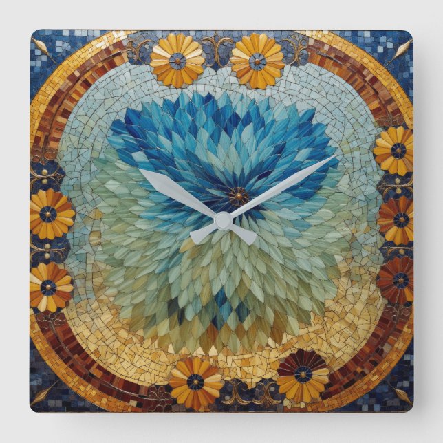 Mosaic Green Blue Floral Wall Clock  (Front)