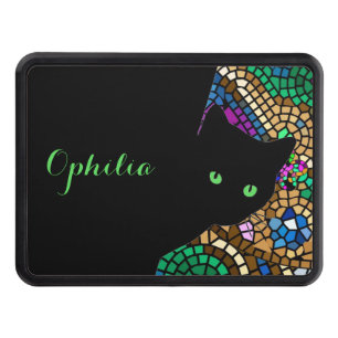 Mosaic Green Eye Sly Cat w Name Hitch Cover