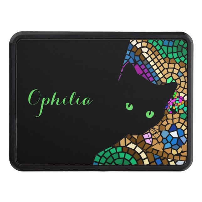 Mosaic Green Eye Sly Cat w Name Hitch Cover (Front)