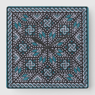 Mosaic illustration black gray and Matisse blue Square Wall Clock