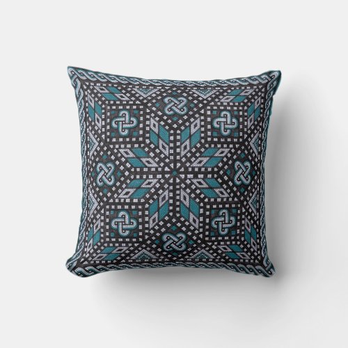 Mosaic illustration black gray and Matisse blue Throw Pillow