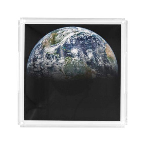 Mosaic Image Of Planet Earth With 3 Hurricanes Acrylic Tray