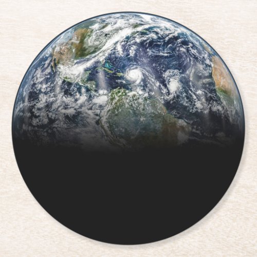 Mosaic Image Of Planet Earth With 3 Hurricanes Round Paper Coaster
