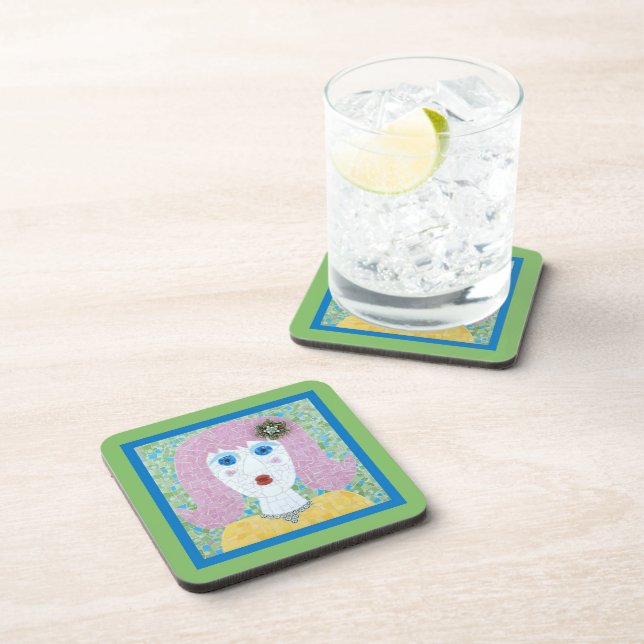 Mosaic - Ingrid with Green & Blue Border Drink Coaster (Right Side)