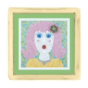 Mosaic - Ingrid with green & cream frame Gold Finish Lapel Pin