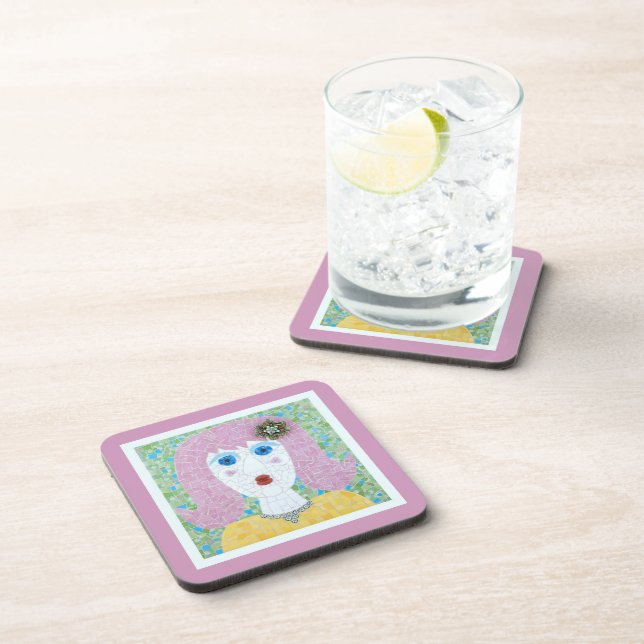 Mosaic - Ingrid with Pink & Ivory Border Drink Coaster (Right Side)