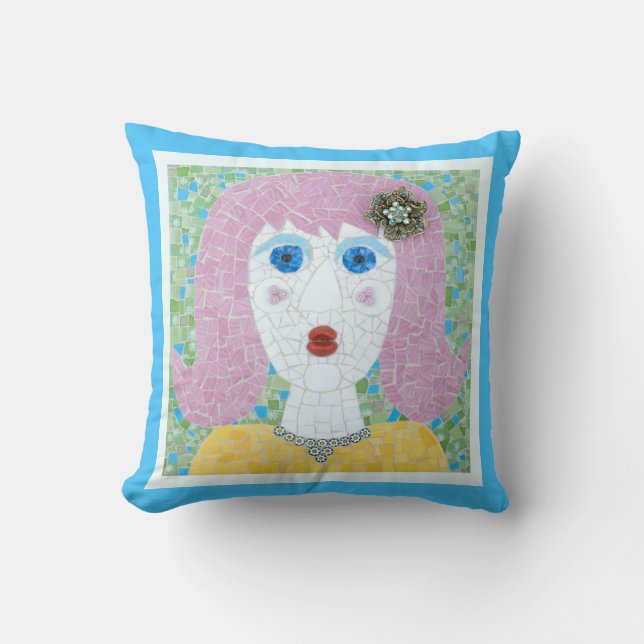 Mosaic - Ingrid with Turquoise & Ivory Border Throw Pillow (Front)