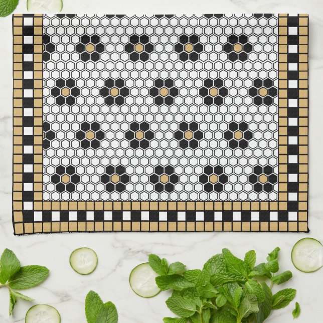 Mosaic Inspired Black White and Gold Kitchen Towel (Folded)