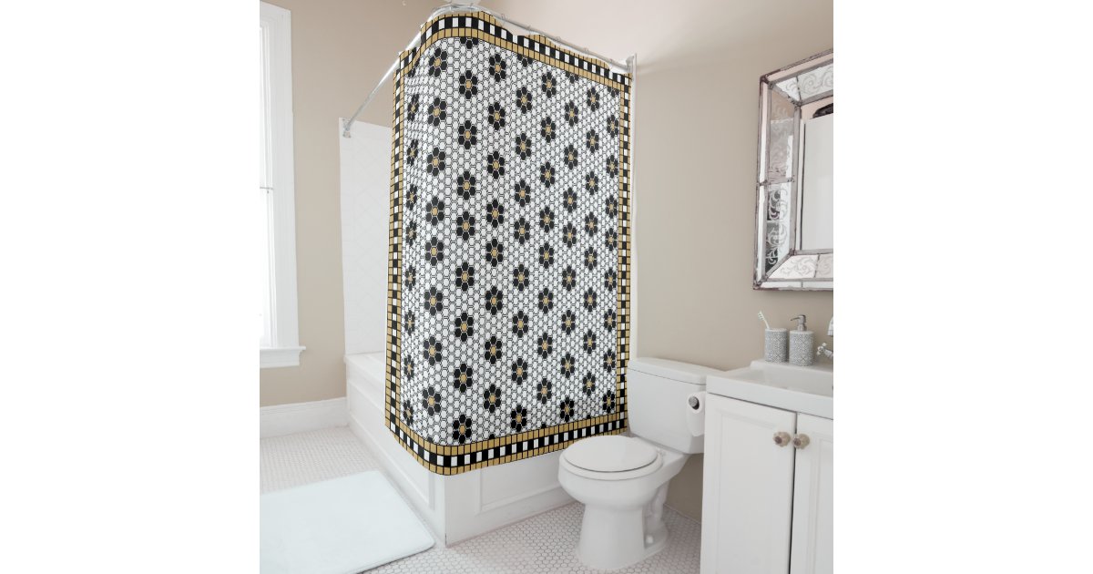 Mosaic Inspired Black White and Gold Shower Curtain | Zazzle