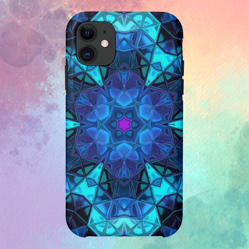 Mosaic Kaleidoscope Flower Blue and Purple iPhone 11 Case