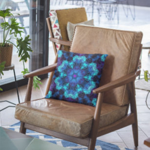 Mosaic Kaleidoscope Flower Blue and Purple Throw Pillow