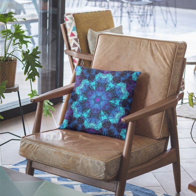 Mosaic Kaleidoscope Flower Blue and Purple Throw Pillow (Creator Uploaded)