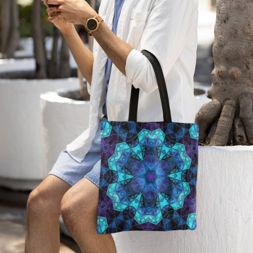 Mosaic Kaleidoscope Flower Blue and Purple Tote Bag