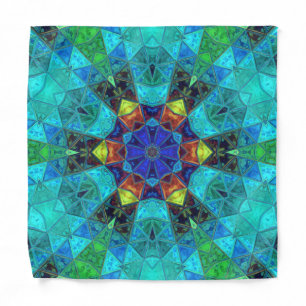Mosaic Kaleidoscope Flower Blue Green and Orange Bandana