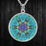 Mosaic Kaleidoscope Flower Blue Green and Orange Sterling Silver Necklace<br><div class="desc">This mosaic kaleidoscope design features brilliant blue,  green,  and orange tiles. A vivid geometric design inspired by fractals,  mandalas,  and stained glass mosaics. Get this beautiful trippy design now and add some groovy colors to your life!</div>