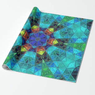 Mosaic Kaleidoscope Flower Blue Green and Orange Wrapping Paper