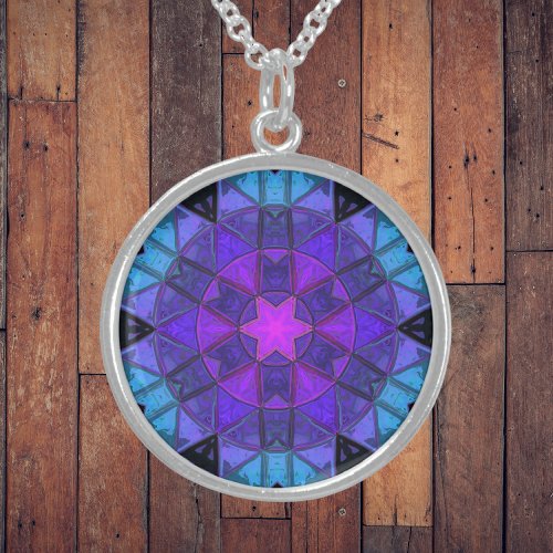 Mosaic Kaleidoscope Flower Blue Purple and Black Sterling Silver Necklace