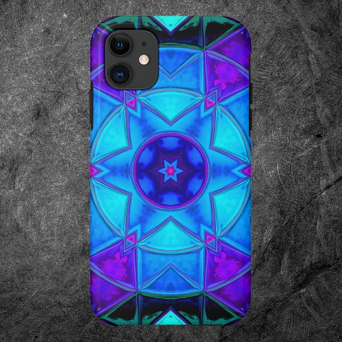 Mosaic Kaleidoscope Flower Blue Purple and Teal iPhone 11 Case