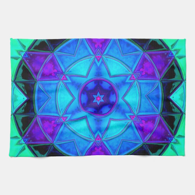 Mosaic Kaleidoscope Flower Blue Purple and Teal Kitchen Towel (Horizontal)