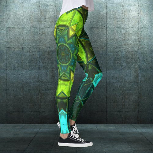 Mosaic Kaleidoscope Flower Green and Blue Leggings