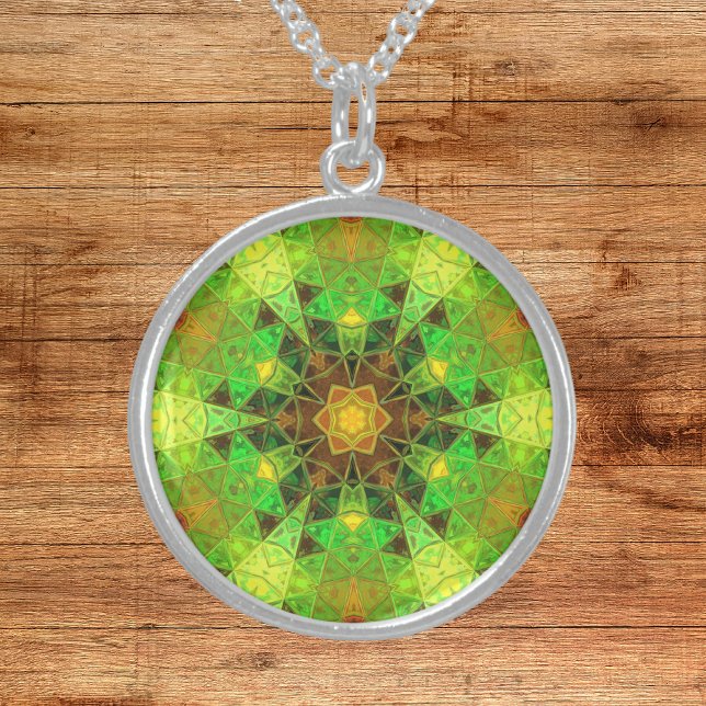 Mosaic Kaleidoscope Flower Green and Orange Sterling Silver Necklace (Creator Uploaded)