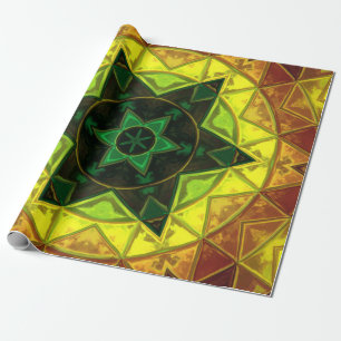Mosaic Kaleidoscope Flower Green and Yellow Wrapping Paper