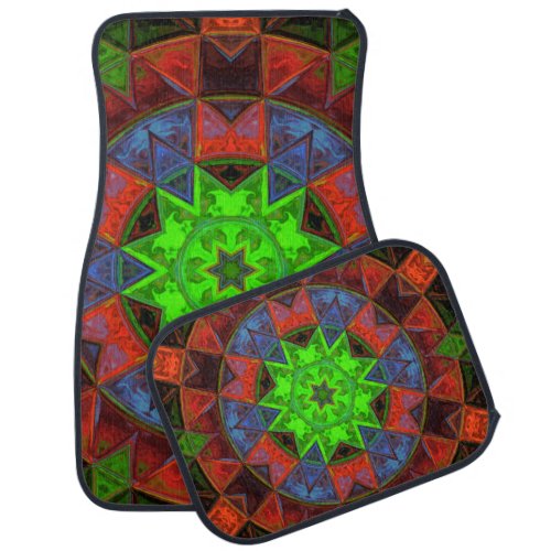 Mosaic Kaleidoscope Flower Green Blue and Red  Car Floor Mat