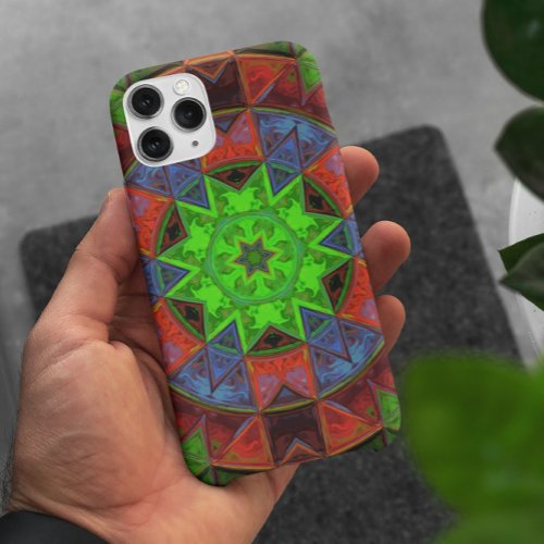 Mosaic Kaleidoscope Flower Green Red and Blue iPhone 11 Case