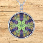 Mosaic Kaleidoscope Flower Green Yellow and Purple Sterling Silver Necklace<br><div class="desc">This mosaic kaleidoscope design features brilliant green,  yellow,  and purple tiles. A vivid geometric design inspired by fractals,  mandalas,  and stained glass mosaics. Get this beautiful trippy design now and add some groovy colors to your life!</div>