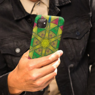 Mosaic Kaleidoscope Flower Green Yellow and Red iPhone 11 Case