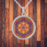 Mosaic Kaleidoscope Flower Orange Purple and Green Sterling Silver Necklace<br><div class="desc">This mosaic kaleidoscope design features brilliant oraneg,  purple,  and green tiles. A vivid geometric design inspired by fractals,  mandalas,  and stained glass mosaics. Get this beautiful trippy design now and add some groovy colors to your life!</div>