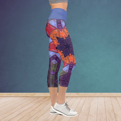 Mosaic Kaleidoscope Flower Orange Red and Purple L Capri Leggings