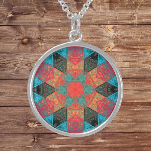 Mosaic Kaleidoscope Flower Pink and Teal Sterling Silver Necklace