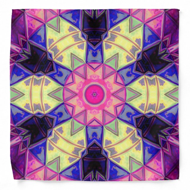 Mosaic Kaleidoscope Flower Pink Yellow and Blue Bandana (Front)