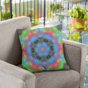 Mosaic Kaleidoscope Flower Rainbow Throw Pillow