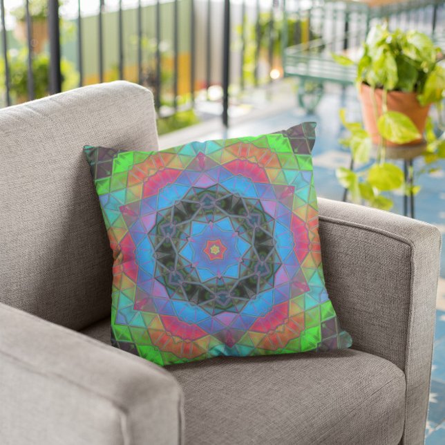 Mosaic Kaleidoscope Flower Rainbow Throw Pillow (Creator Uploaded)