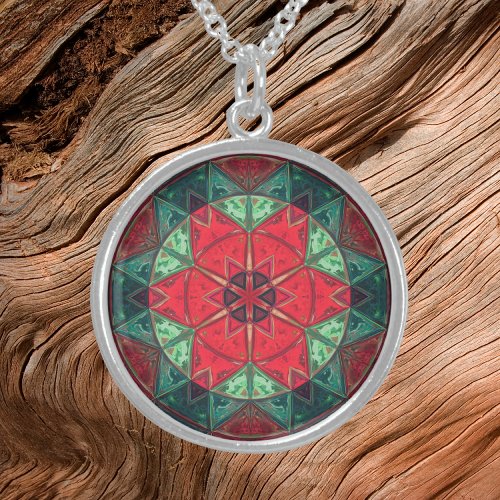 Mosaic Kaleidoscope Flower Red and Teal Sterling Silver Necklace