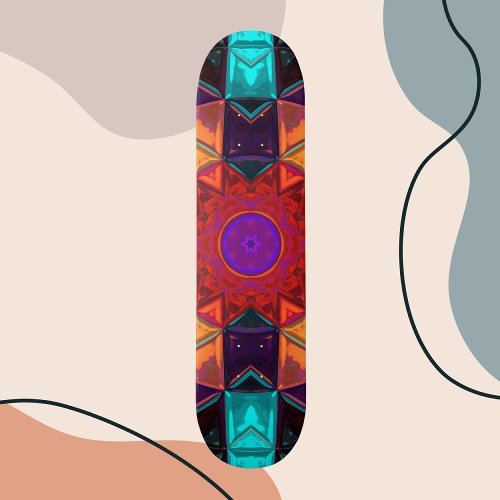 Mosaic Kaleidoscope Flower Red Orange and Blue Skateboard