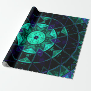 Mosaic Kaleidoscope Flower Teal Black and Blue Wrapping Paper