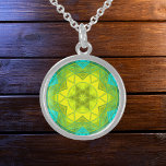 Mosaic Kaleidoscope Flower Yellow and Blue Sterling Silver Necklace<br><div class="desc">This mosaic kaleidoscope design features brilliant yellow and blue tiles. A vivid geometric design inspired by fractals,  mandalas,  and stained glass mosaics. Get this beautiful trippy design now and add some groovy colors to your life!</div>
