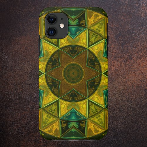 Mosaic Kaleidoscope Flower Yellow and Green iPhone 11 Case
